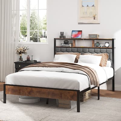 Wooden Platform Bed Frame with 2 USBs,No Noise