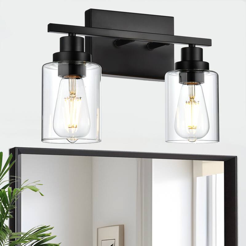 2-Light Bathroom Vanity Light with Clear Glass Shade - Black