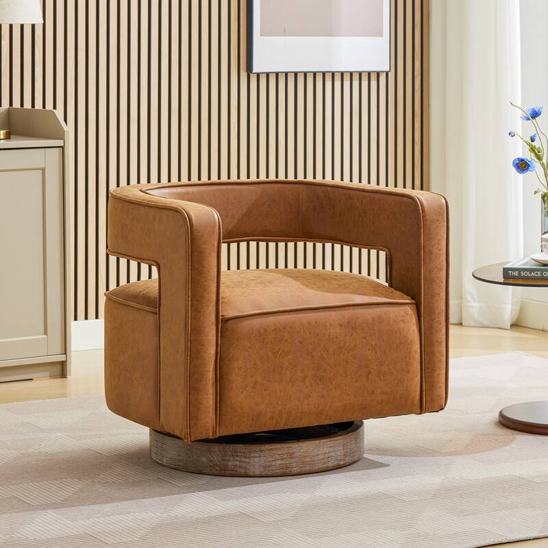 Modern Swivel Chair,PU leather Barrel Chair with Wooden Base and pillow