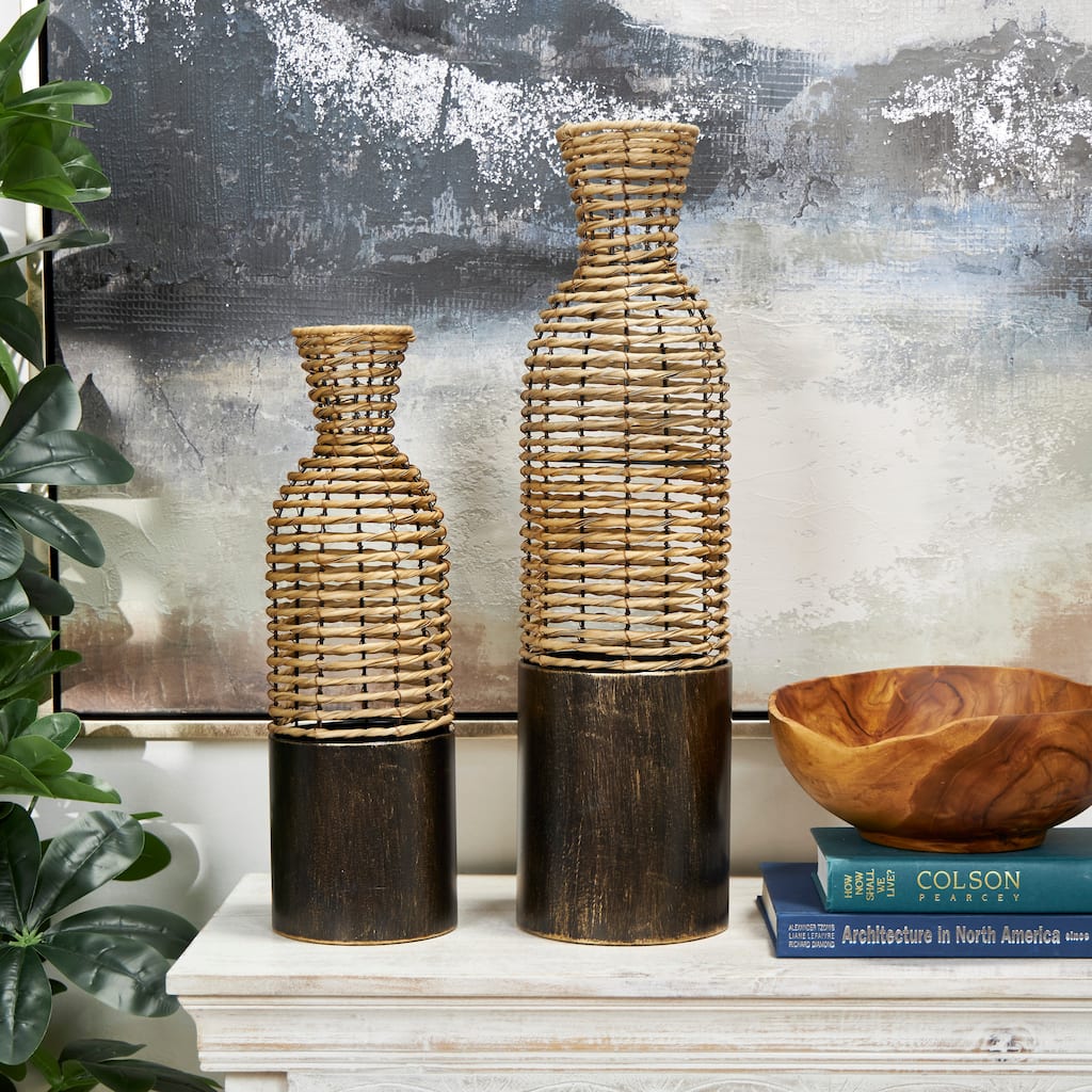 Light Brown Plastic Rattan Handmade Open Framed Decorative Vase with Bronze Metal Bases (Set of 2)