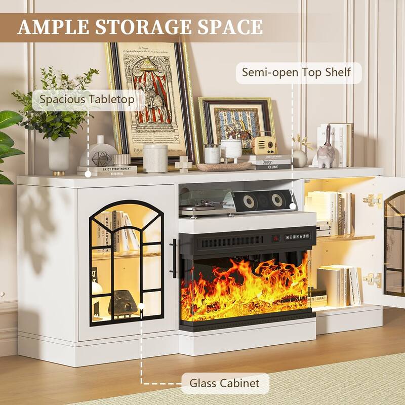 Waleaf 60" Fireplace TV Stand with 3-Sided Glass Fireplace, Farmhouse Entertainment Center Modern Console