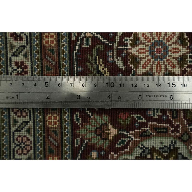 Hand Knotted Oriental Wool & Silk Carpet Traditional Geometric Red Tabriz-Mahi Area Rug - 10' 2'' X 6' 8''