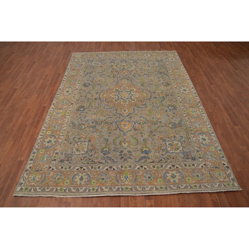 Hand Knotted Oriental 100% Wool Carpet Traditional Floral Greys & Charcoal Tabriz Area Rug - 10' 9'' X 7' 9''