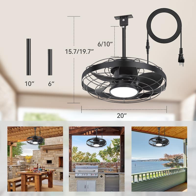 20" 5-Blade Waterproof Plug-in Outdoor Ceiling Fan with Dimmable LED Light and Remote