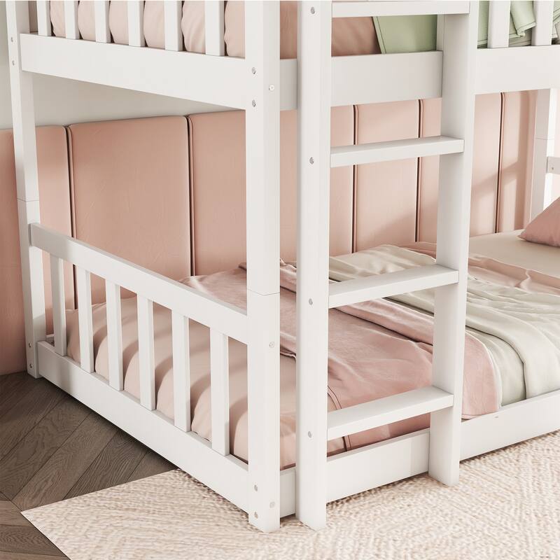 Roomfitters Twin Triple Bunk Bed, Rubber Wood Detachable Design with Ladders and Guardrails, Twin over Twin over Twin
