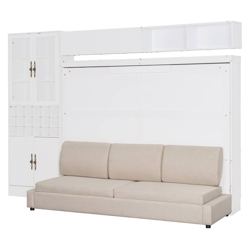 Queen Size Wall Bed with Sofa, Shelves, USB & Light, Space-Saving Design, Easy Storage, White
