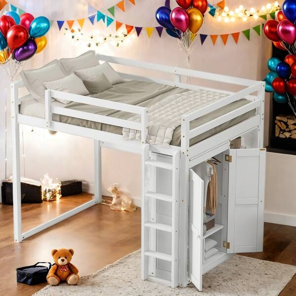 slide 2 of 31, Full Size Wood Loft Bed with Built-in Wardrobe and Storage Shelves and Led Light