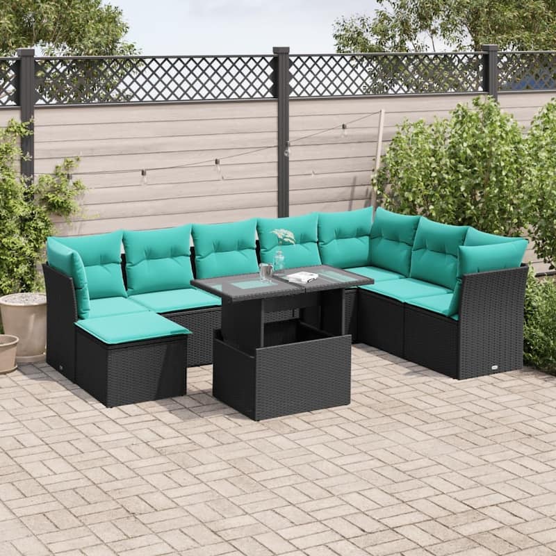 vidaXL Patio Sofa Set with Cushions Modular Outdoor Seating 9 Piece Poly Rattan - 24.4 x 24.4 x 27.2 - Black without storage