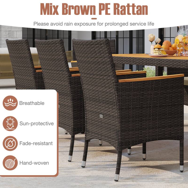 Gymax 9 Pieces Patio PE Wicker Dining Set Outdoor Acacia Wood Table &