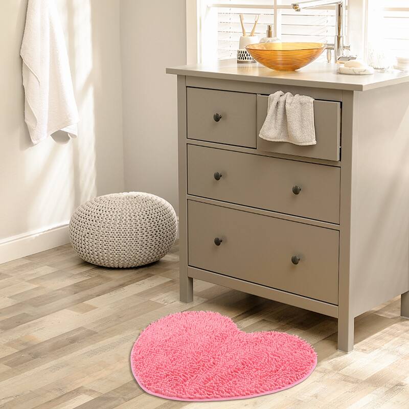 Heart Shaped Chenille Bath Rugs Soft Absorbent Shaggy Bath Mats Non-Slip Plush Bath Carpet for Shower, Bedroom, Bathtub