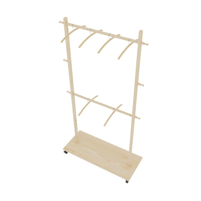 Anmytek Solid Finnish Pine Rolling Garment Rack with 2 Hanging Rods & Shelf, Freestanding Clothes Organizer with Lockable Wheels