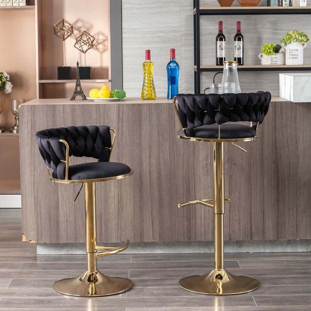 Curved Braided Low Back Velvet Bar Stools Set of 2 with Swivel Seat, Golden Chrome Footrest and Base - Height Adjustable