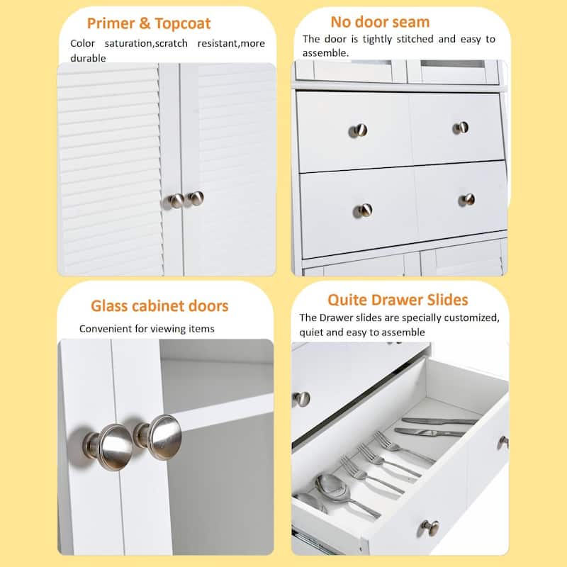 67" Tall Kitchen Pantry Cabinet with Glass Doors, Drawers & Adjustable Shelves, White Storage Cupboard Organizer