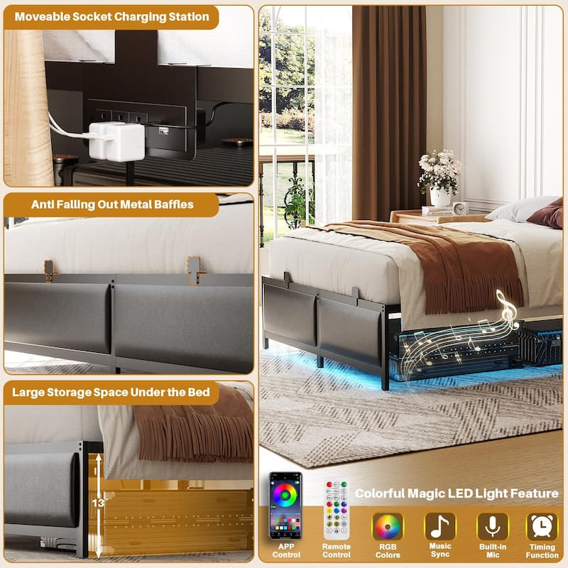 Platform Bed Frame with Ajustable Upholstered Headboard, Bed with USB Port and Charge Station