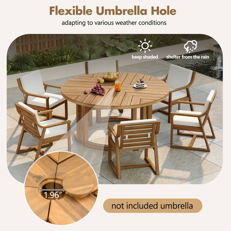 Round Patio Dining Table Set for 6 with Umbrella Hole Durable Acacia Wood Outdoor Furniture