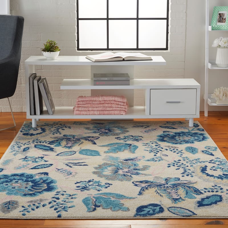 Nourison Tranquil French Country Floral Modern Area Rug - 6' x 9' - Ivory/Blue - Rectangle
