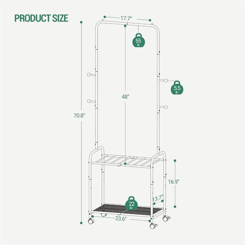 Garment Rack with 2 Tier Storage Shelf - 23.6"D x 13.7"W x 70.8"H