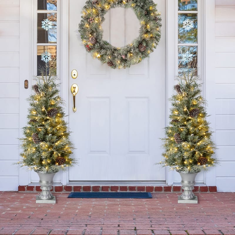 Glitzhome 4ft/5ft/6ft Flocked Pine Christmas Potted Porch Tree With Warm White Lights
