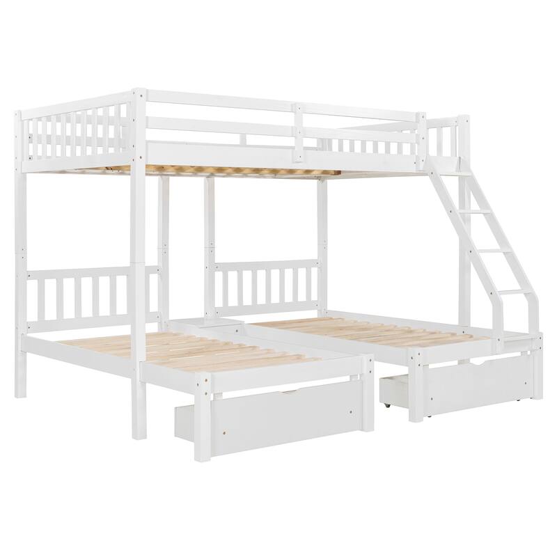 Wood Triple Bunk Bed Full Over Twin & Twin Bunk Bed with Drawer