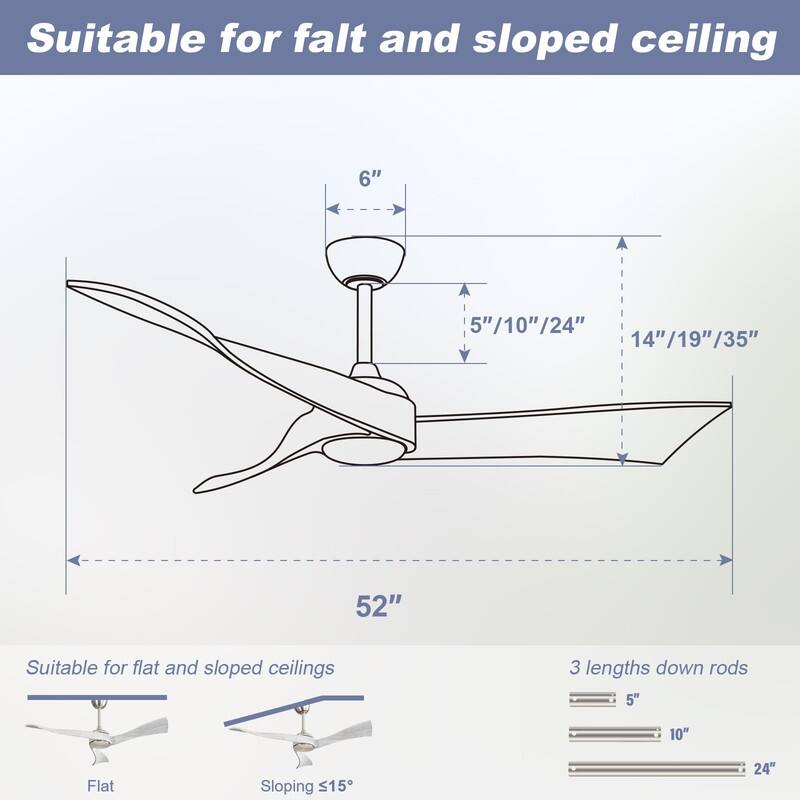 52''/60" Large Ceiling Fan without Lights, Remote Control and Reversible Motor Included, 3 Wood Blades