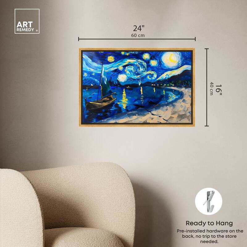 Art Remedy Whimsical Night Sail Framed Impressionism 1 Piece Canvas Wall Art /Monet And Van Gogh Inspired Art