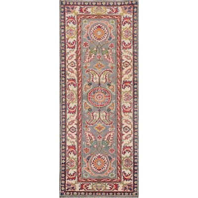 Traditional Kazak Runner Rug Hand-Knotted Grey Wool Carpet - 2'1" x 5'10"