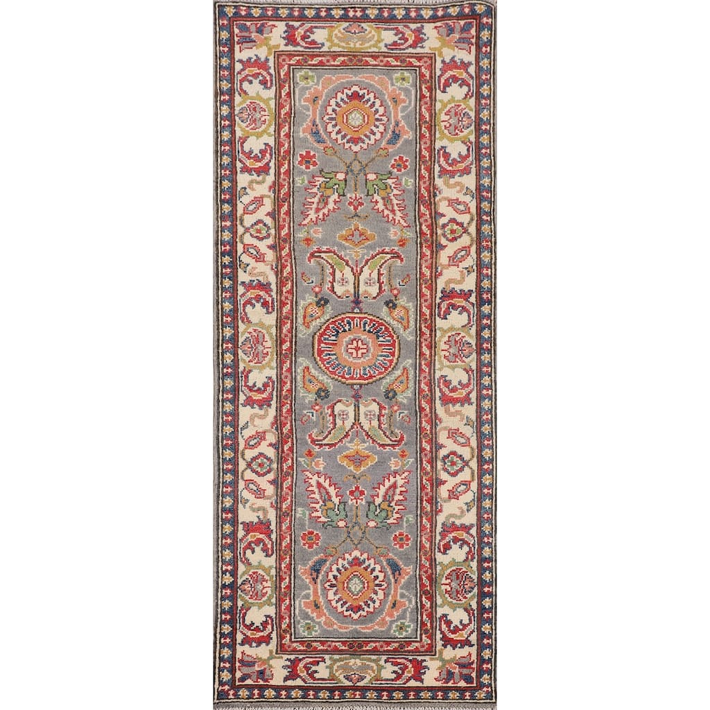 Traditional Kazak Runner Rug Hand-Knotted Grey Wool Carpet - 2'1" x 5'10"