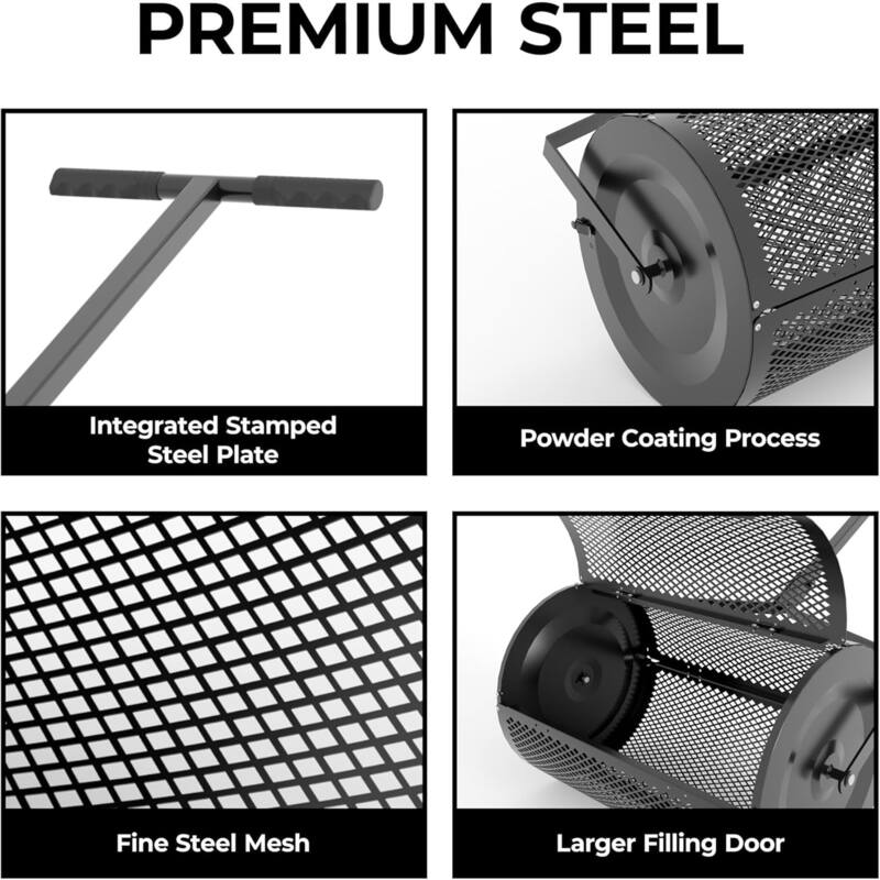 24 in Metal Mesh Compost Spreader - Adjustable Push Roller for Peat Moss Manure Top Dressing Mulch and Garden Fertilizer