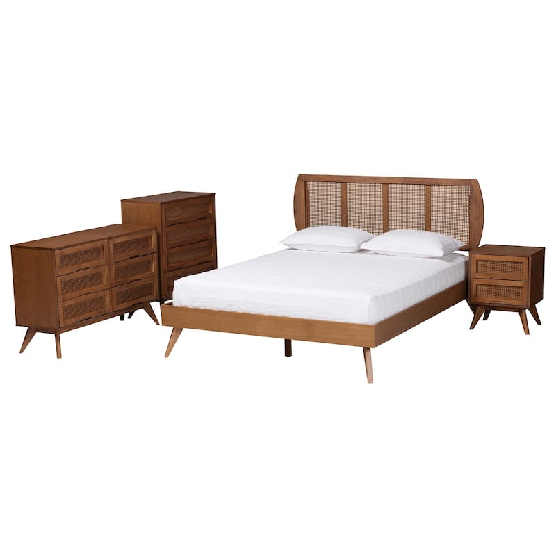 Asami Mid-Century Modern Walnut Brown Finished Wood and Woven Rattan 3-Piece/4-Piece/5-Piece Bedroom Set (Multiple Bed Sizes) - King - 4 Piece
