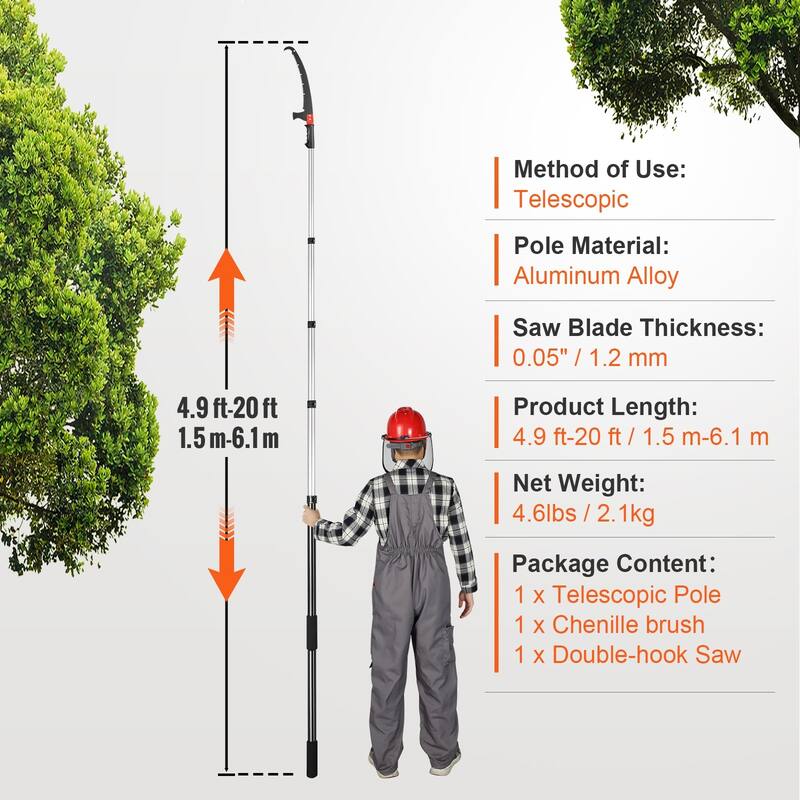 Black Long Reach Tree Pruner with Telescopic Pole 20 Feet Hand Saw for High and Low Branch Cutting - 4.9-20 ft