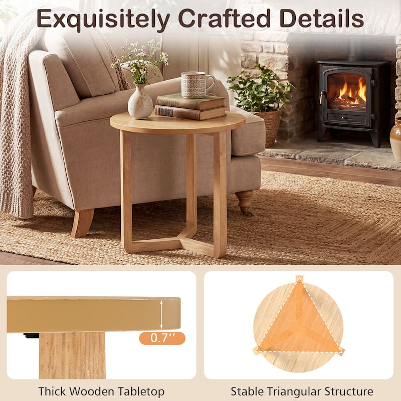 Gymax Round Side Table w/Sturdy Rubber Wood Legs & Triangular