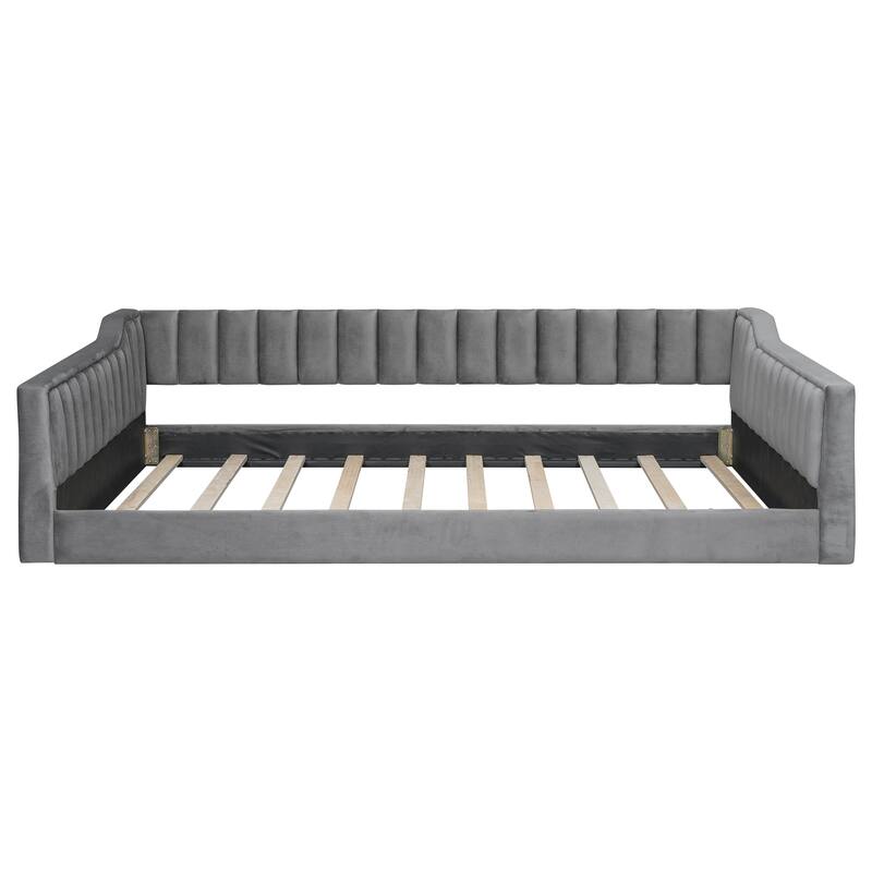 Upholstered Daybed with Sloped Arms and Side Pocket, Vertical Stripes Grounded Daybed with Wood Slat Support, Velvet Fabric