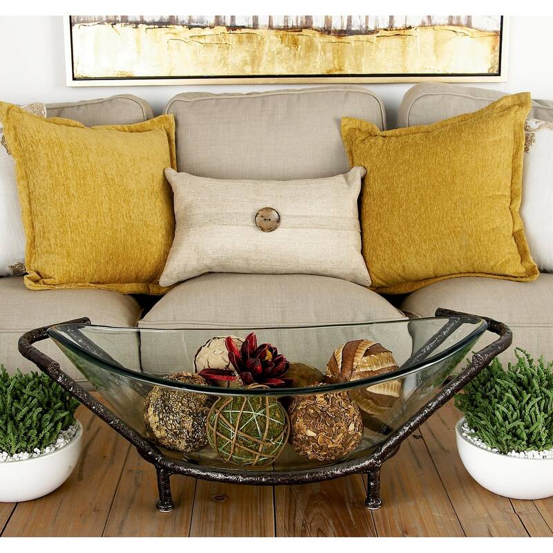 Tempered Glass Kitchen Serving Bowl with Brown Metal Base - Clear - Roche River Decor