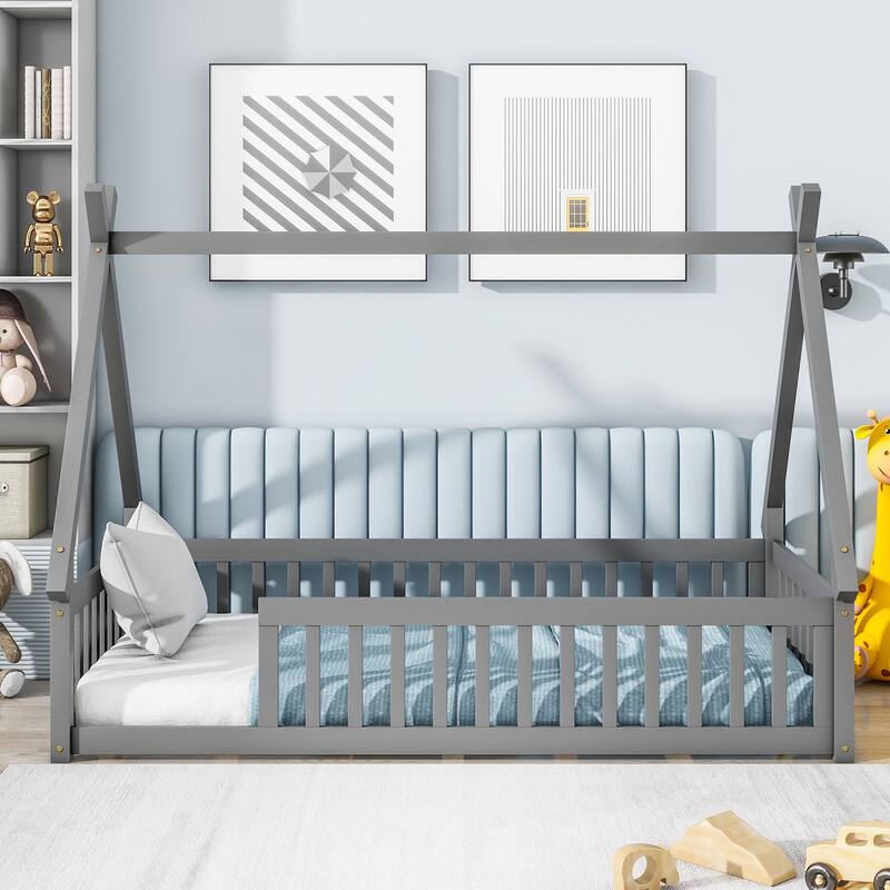 Twin Tent-shaped Floor Bed with Guardrails and Slats, Grey