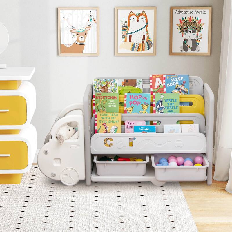 Costway 3-Tier Kids Toy Storage and Bookshelf with 2 Storage Boxes - See Details
