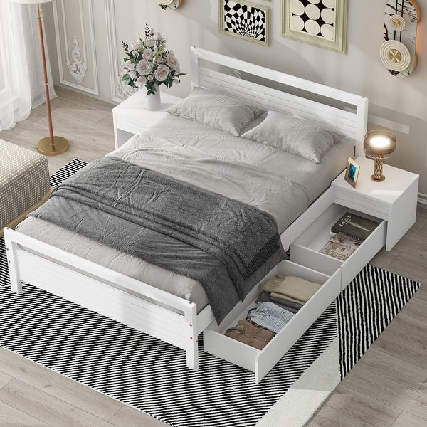 slide 2 of 13, Full Wooden Platform Bed with 2-Drawers, 2-Bedside Tables & Headboard, White White