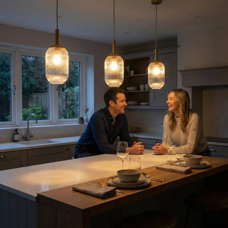 Anna Gold Modern Pendant Light with Ribbed Glass Shade