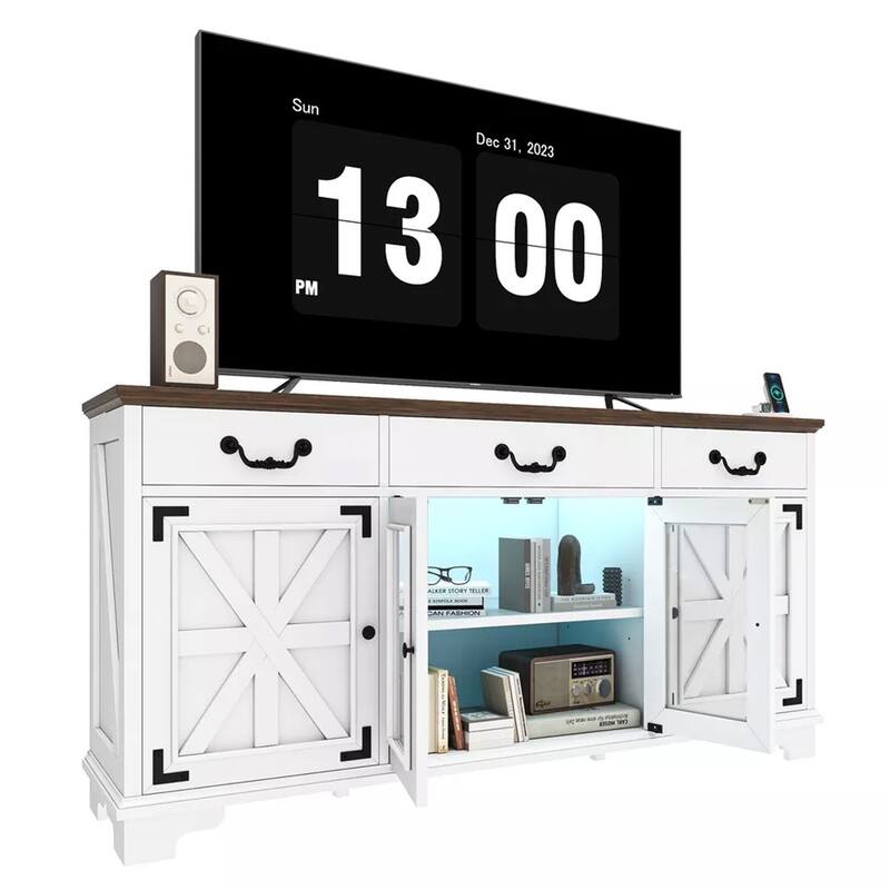 65" Farmhouse TV Stand with Led Light 3 Drawers Living Room - 65 inches
