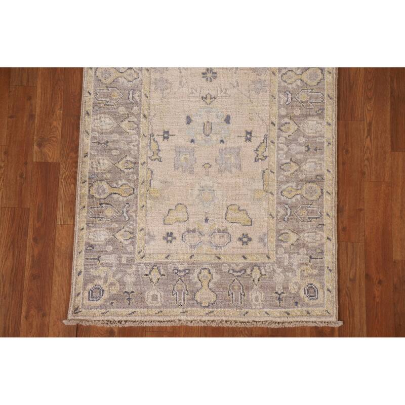 Hand Knotted Oriental 100% Wool Carpet Transitional Geometric Beige & Ivories Oushak Runner Rug - 9' 8'' X 2' 8''