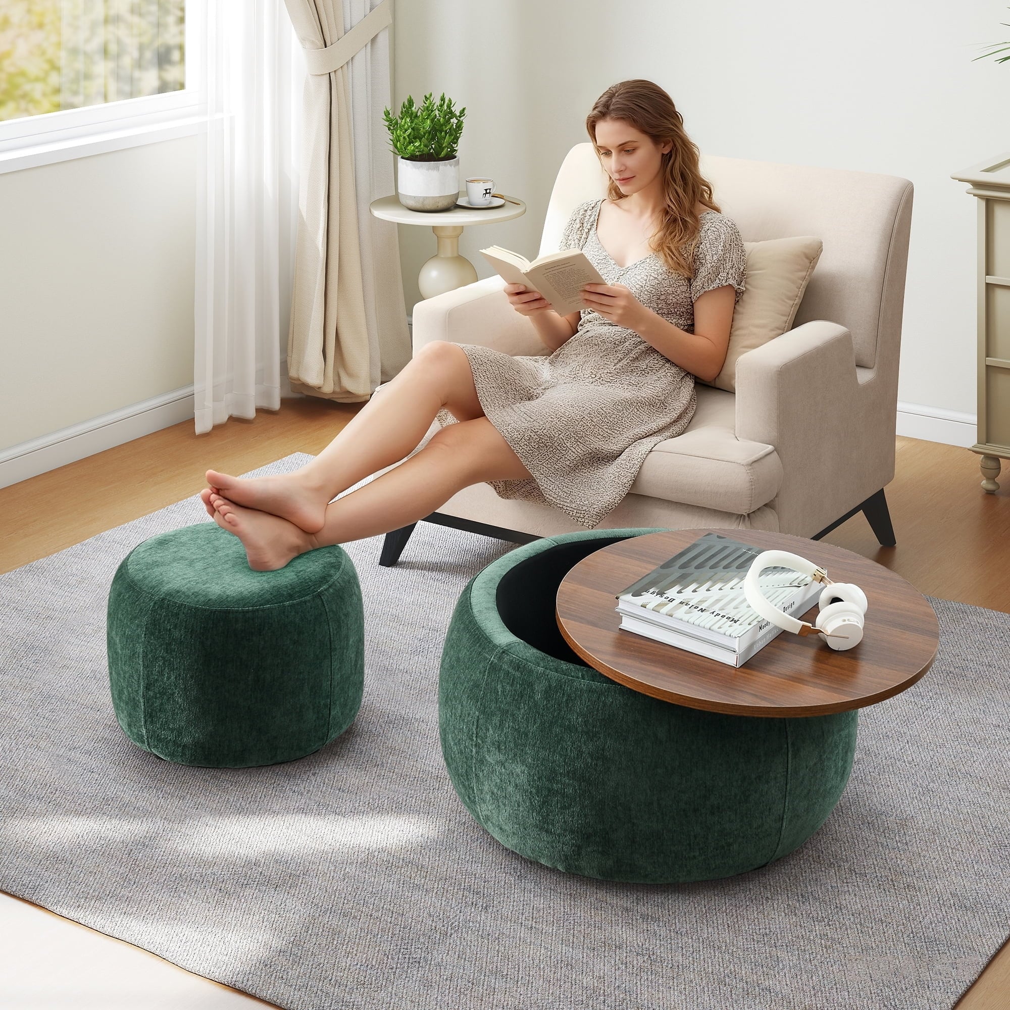 2-Piece Round Storage Ottoman Set with Removable Tray, 12.7-inch & 14.7-inch Chenille Upholstered Footstool Coffee Table