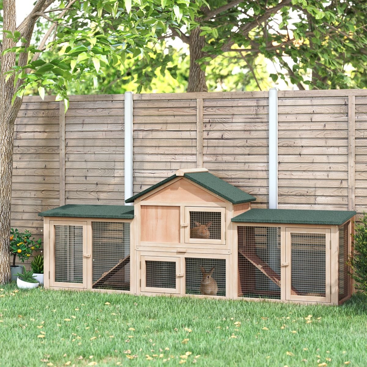 PawHut 83" Wooden Hutch with Double Runs, Roof, Trays & Ramps, Outdoor