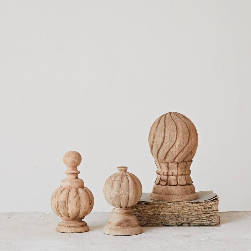 Bleached Hand-Carved Mango Wood Finials, Set of 3 - 5.5"L x 5.5"W x 9.0"H