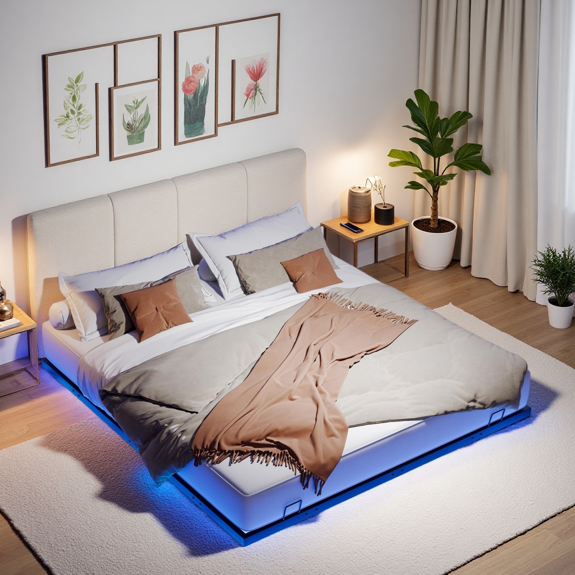 Metal Floating Platform Bed Frame with LED Lights and No Box Spring Needed