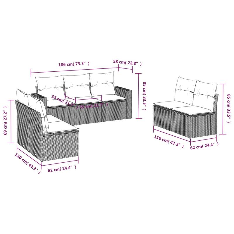 vidaXL Garden Sofa Set Beige PE Rattan, Powder-Coated Steel, Polyester - 24.4 x 25.8 x 27.2