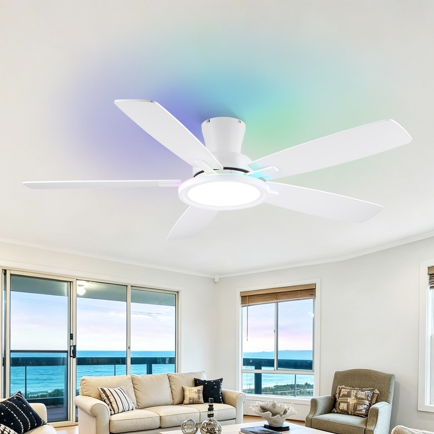 52" RGB Low Profile Ceiling Fan with LED Light,Remote and App Control for Bedroom Living Room - 52 Inches