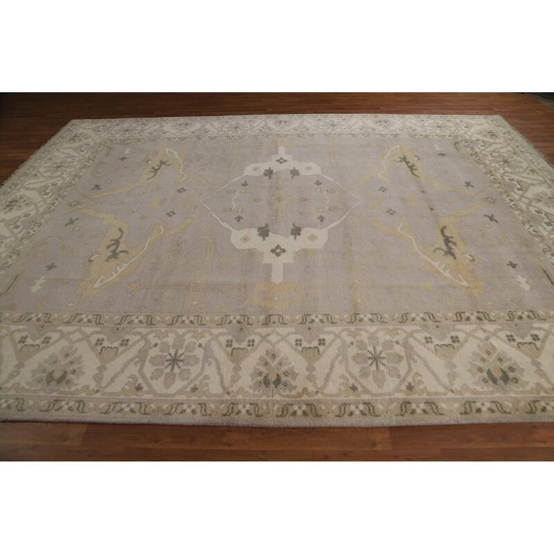 Earth Tone Oushak Indian Area Rug Handmade Beige Wool Carpet - 8'11" x 11'10"