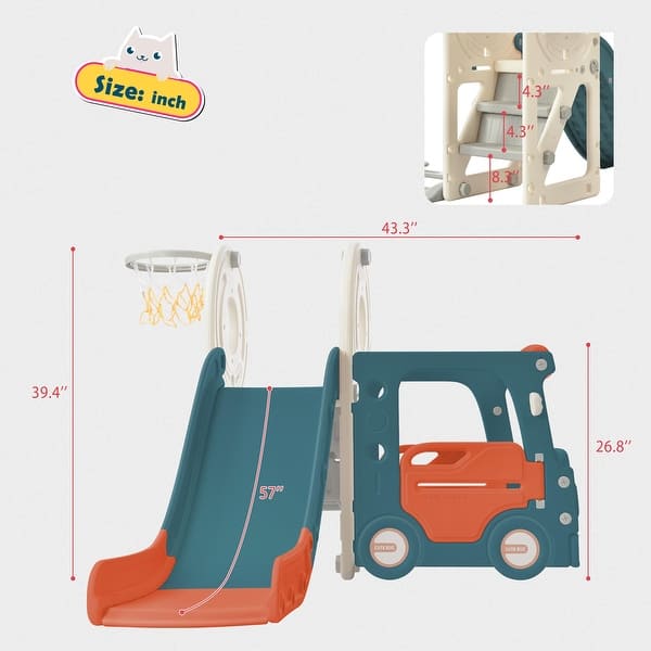 dimension image slide 1 of 3, Kids Slide with Bus Play Structure, Freestanding Bus Toy with Slide for Toddlers, Bus Slide Set with Basketball Hoop