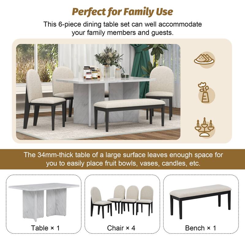6Piece Dining Table Chairs Set with Faux Marble Table, 4 Upholstered