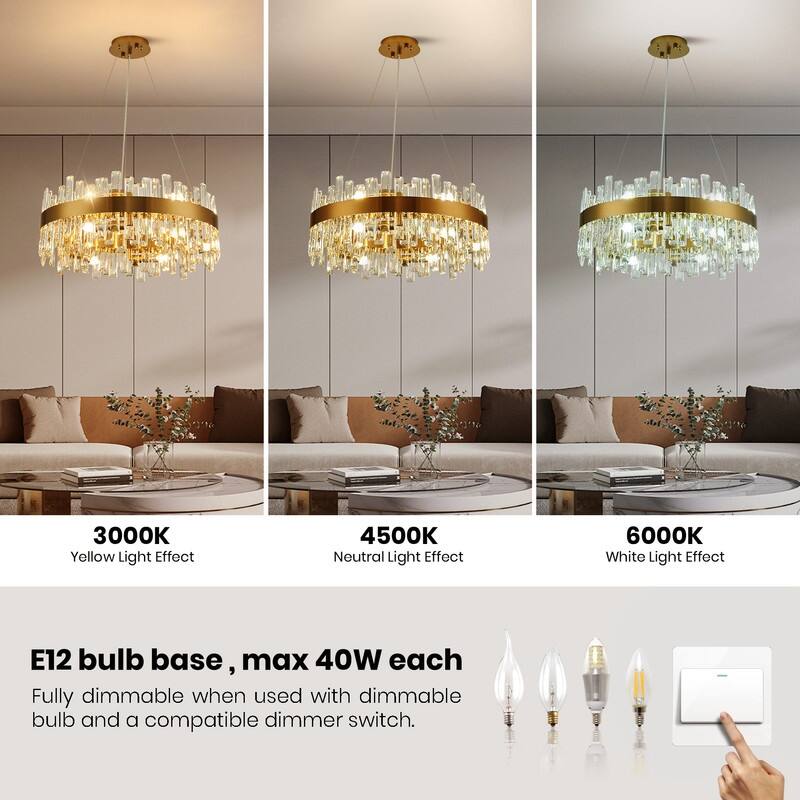 19.7'' Modern Crystal Chandelier Brass Gold Round 12-Light 2-Tier Luxury Crystal 19.7'' Raindrop Chandelier for Dining Room