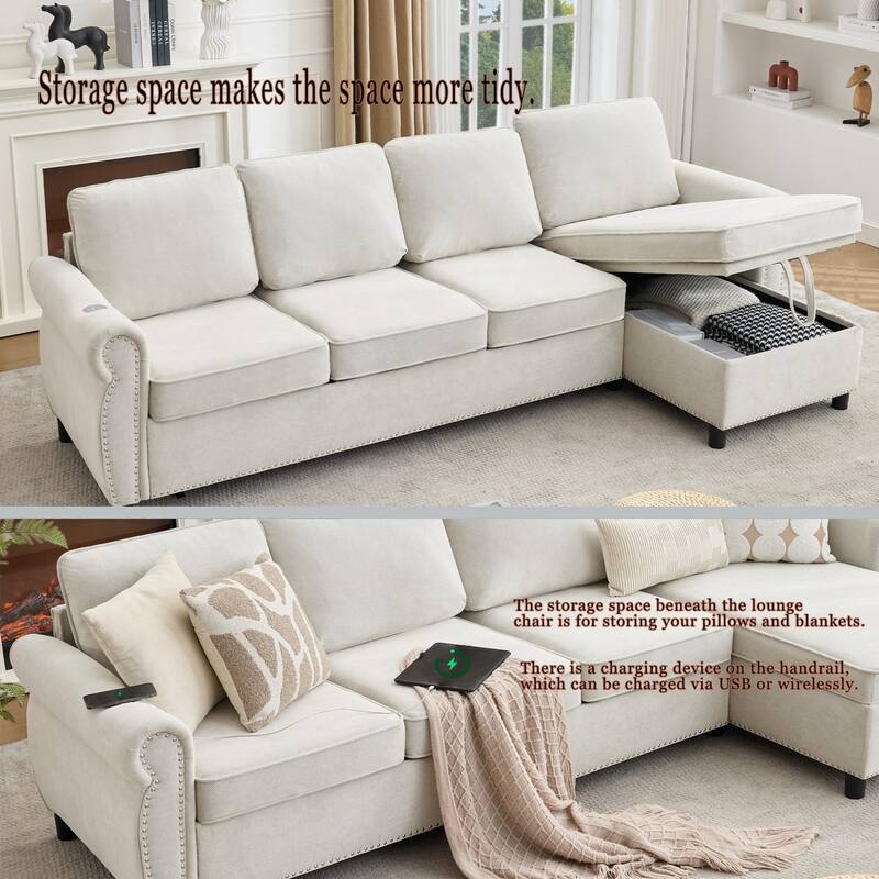106.5" L-Shaped Flannelette Sectional Sofa with Pull-Out Bed